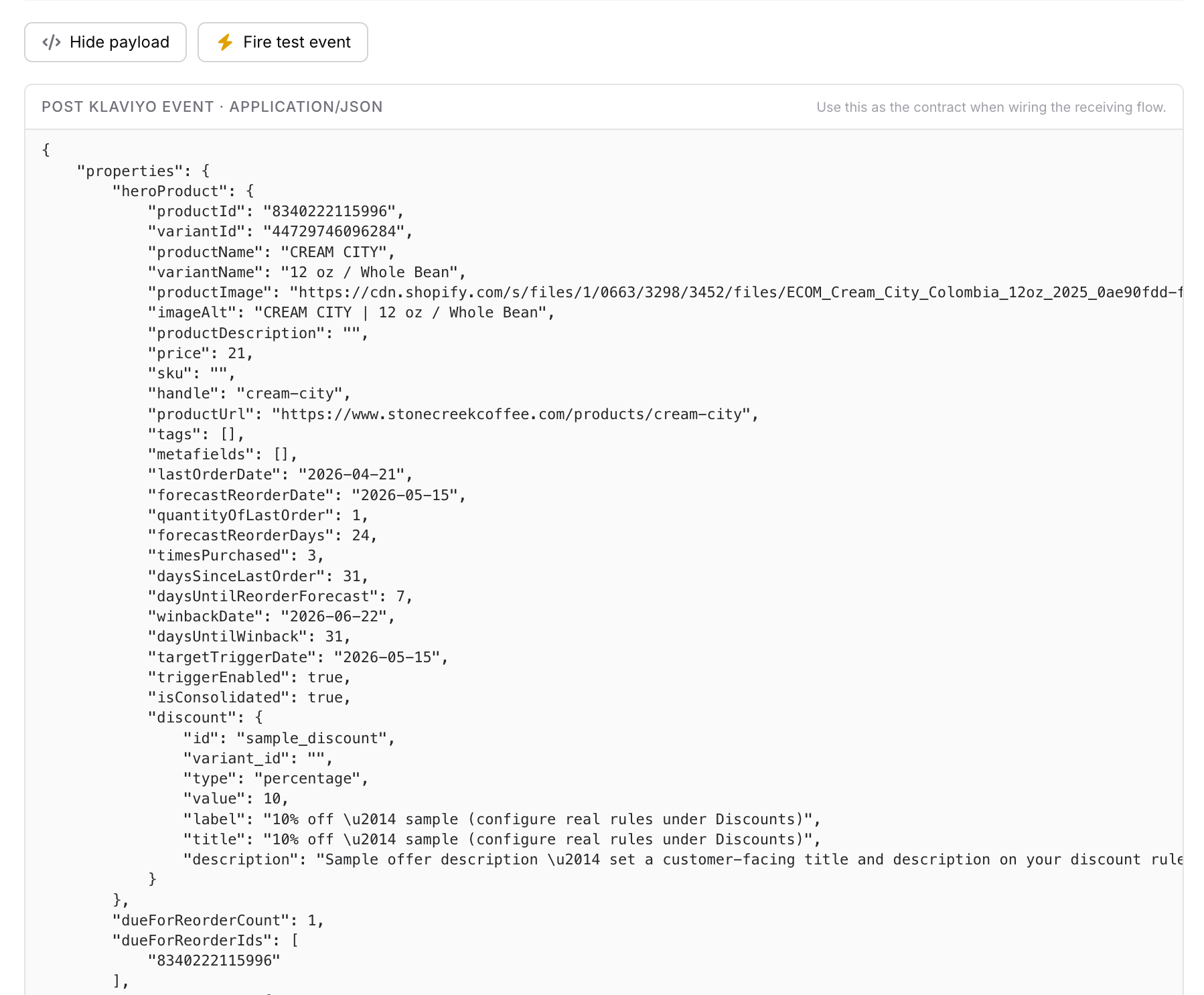 reOtter's sample payload panel showing the full Klaviyo event JSON — heroProduct card with forecast context and discount, plus the dueForReorder envelope keys