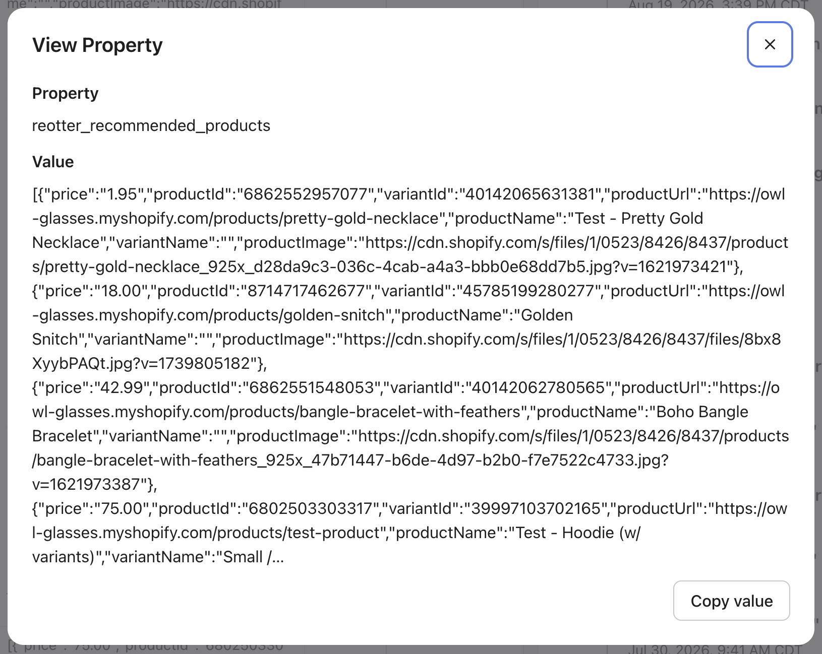 A Klaviyo profile property showing the reotter_recommended_products JSON array of product cards