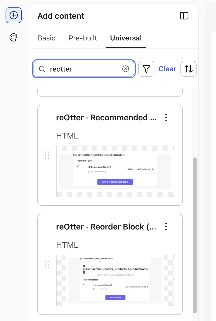 Klaviyo's universal content picker filtered to reOtter blocks, showing the recommended-products and reorder drop-ins