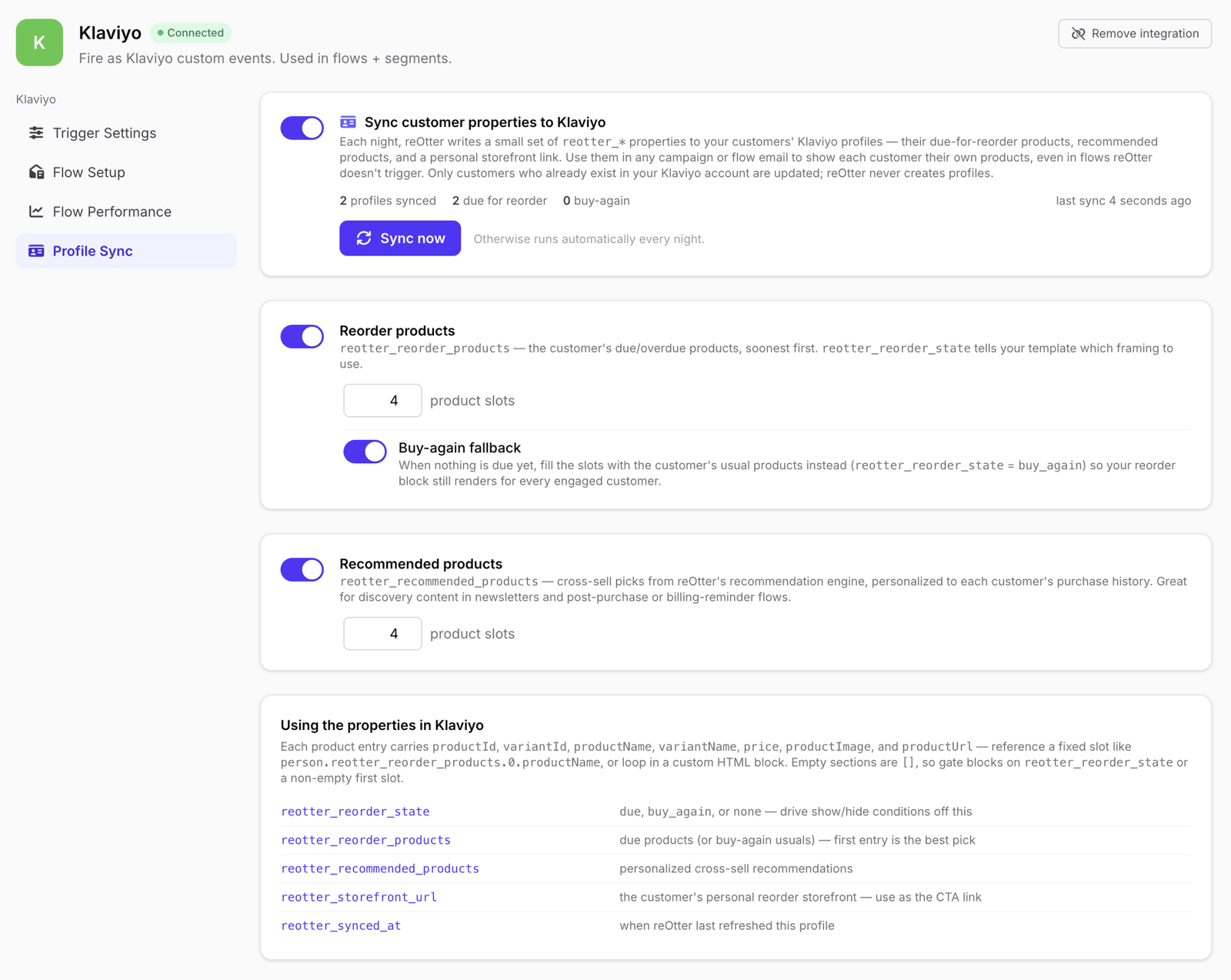 The Profile Sync tab in reOtter — master toggle with sync stats, reorder and recommended product sections with slot counts, and the property reference