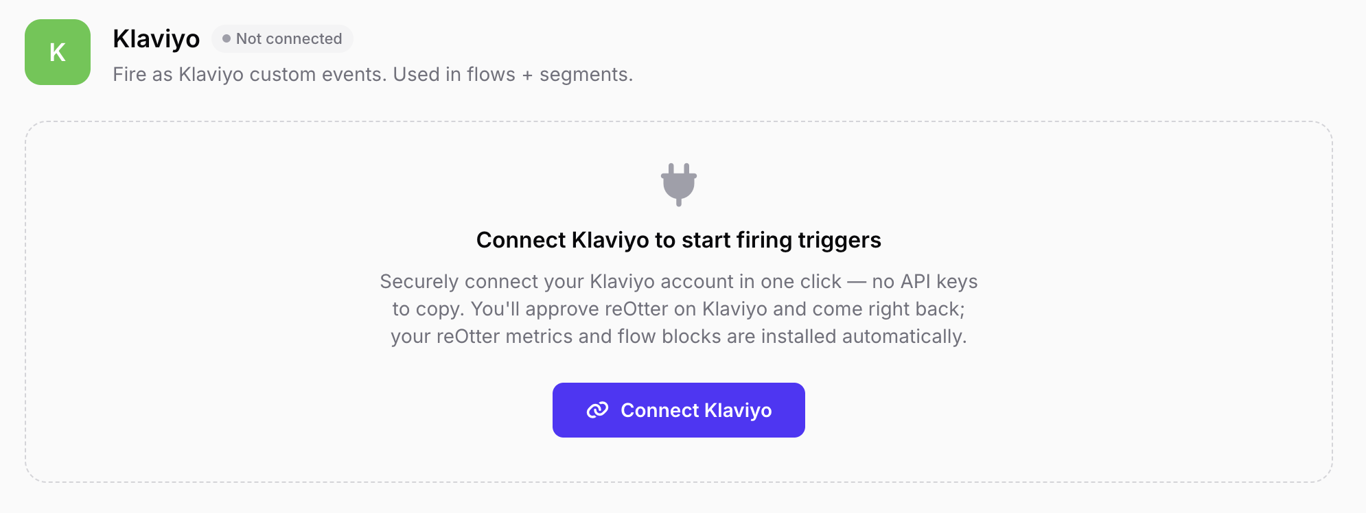 Connect Klaviyo — a one-click secure connection, no API keys to copy