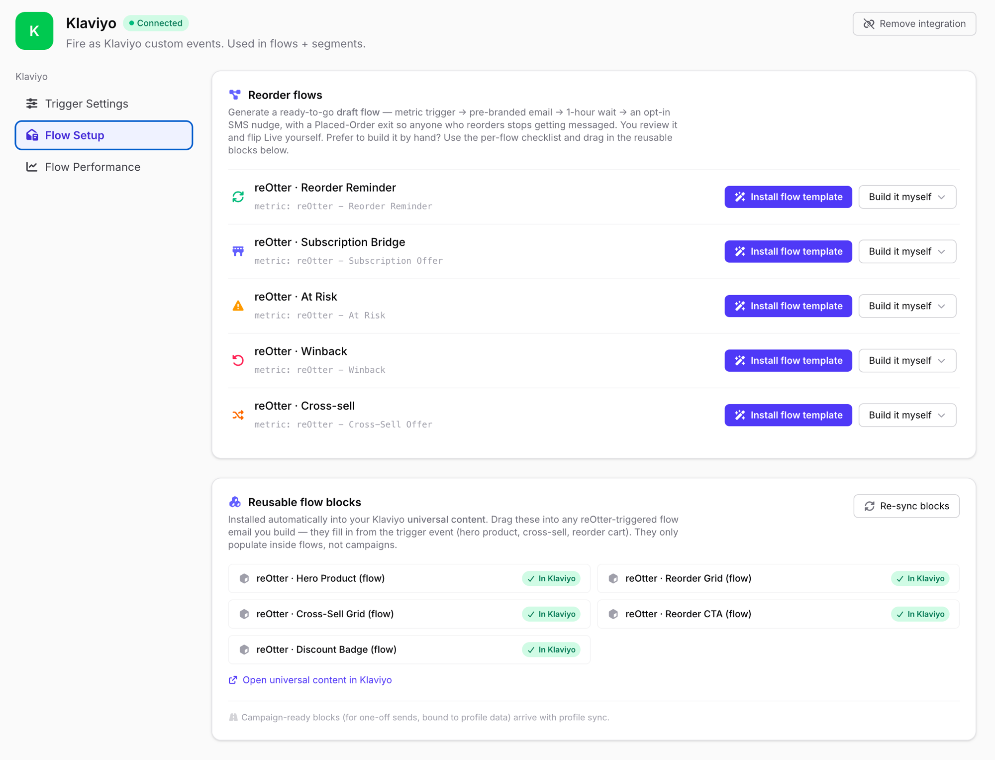 reOtter Klaviyo Flow Setup — install a starter draft per trigger, plus reusable blocks