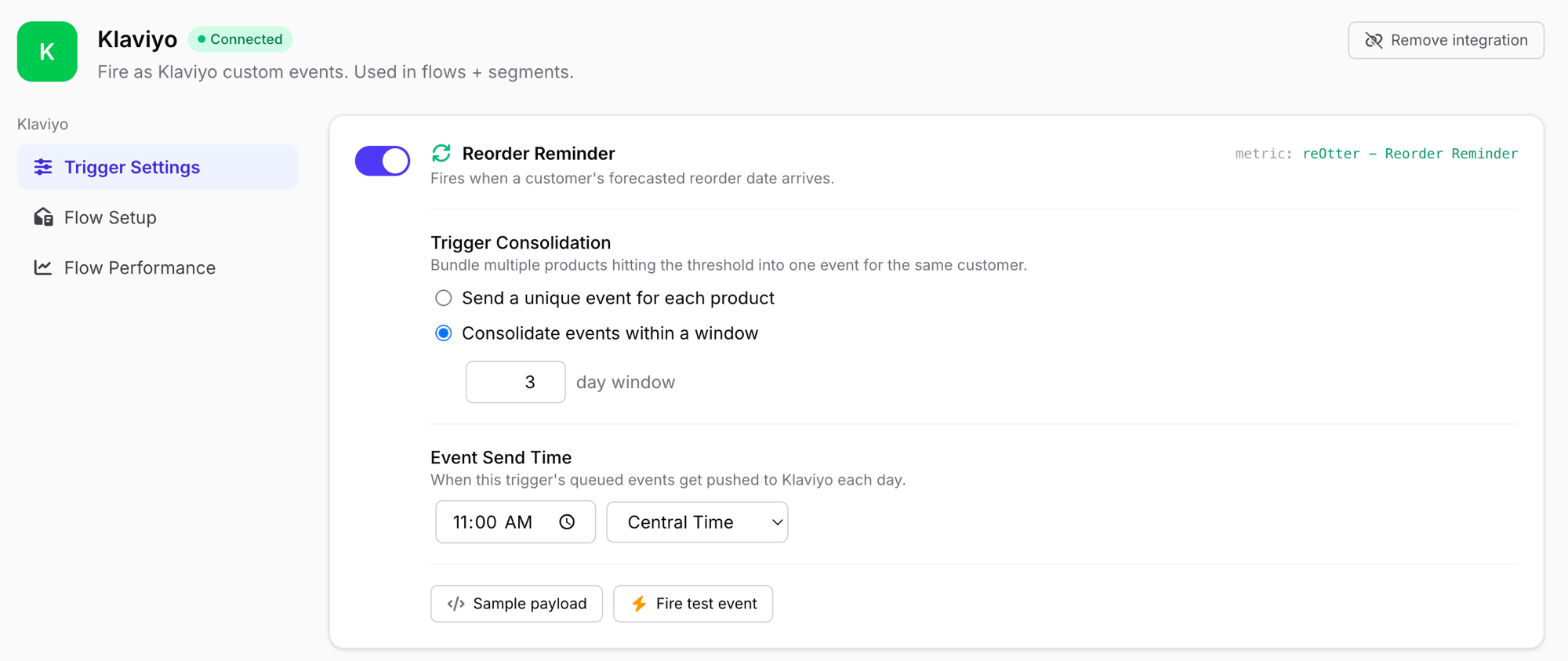 reOtter Klaviyo Trigger Settings — enable each trigger, set consolidation and send time