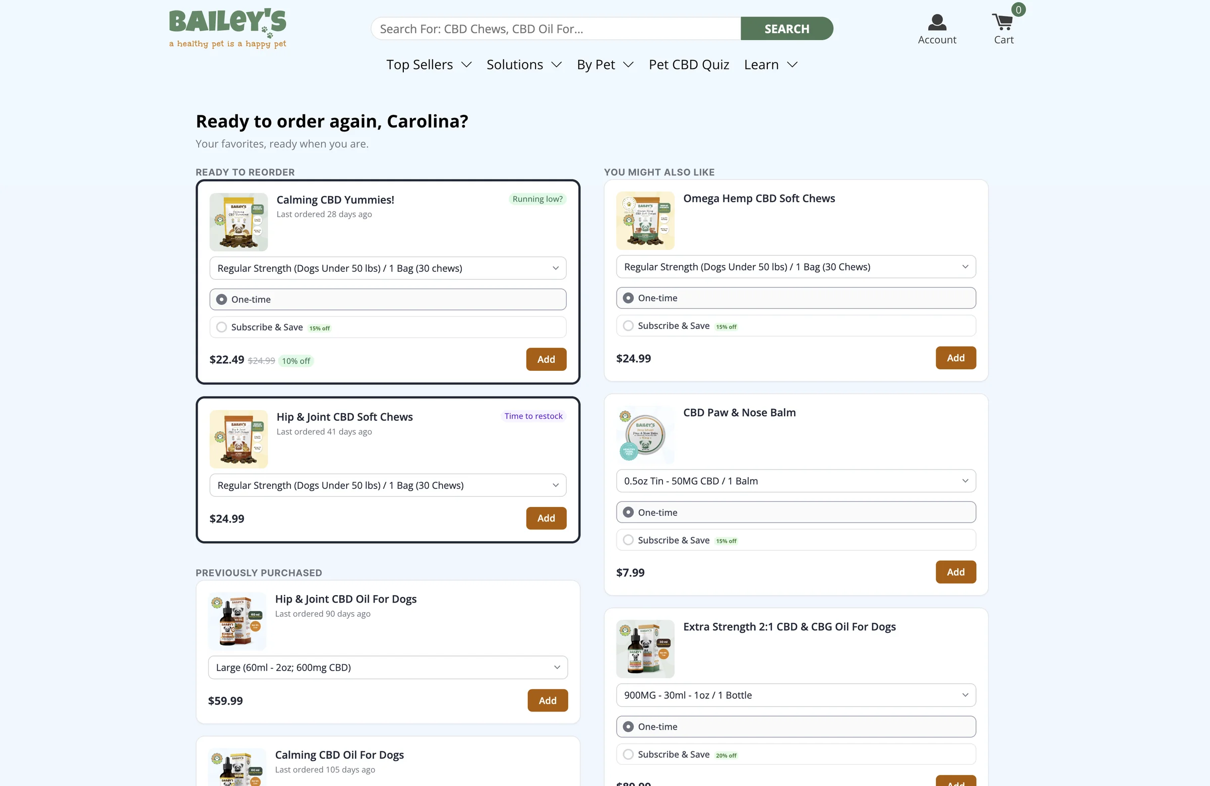 Bailey’s reOtter storefront: “Ready to order again, Carolina?” with two pet CBD chews due for reorder and suggested products