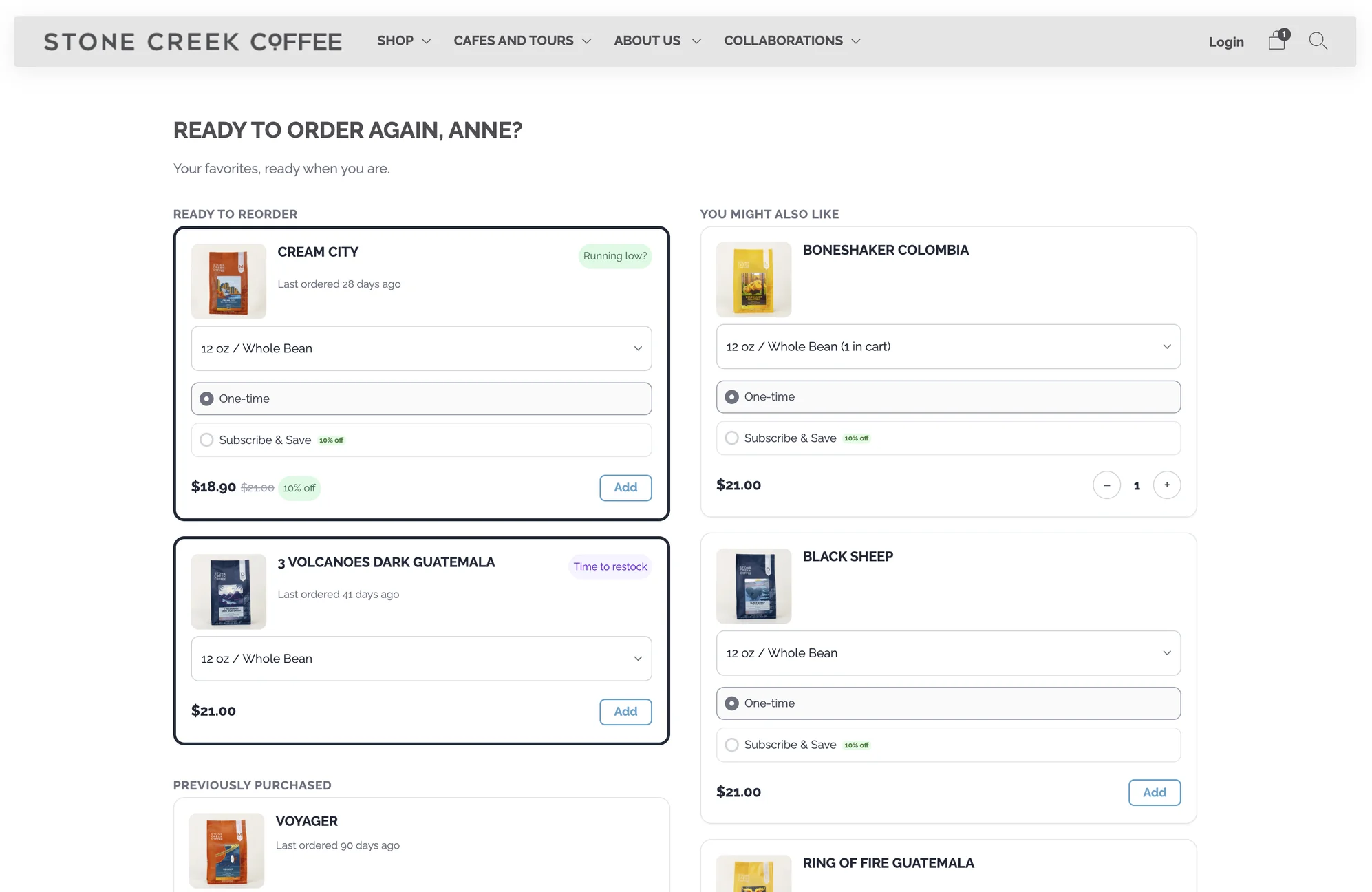 Stone Creek Coffee reOtter storefront: “Ready to order again, Anne?” with two coffees due for reorder and suggested roasts